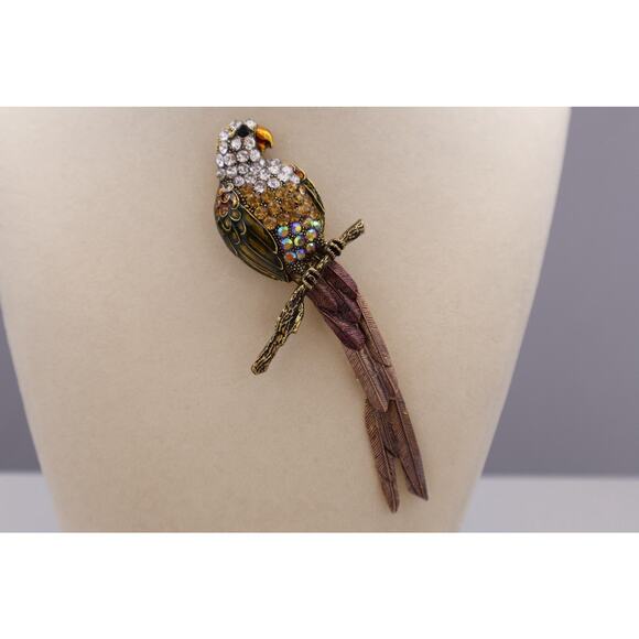 Parrot Jewelry - Vintage Parrot Bird Brooch Rhinestone Enamel Tropical Bird Pin Gold Tone 4”